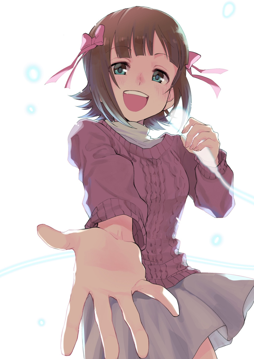 1girl :d amami_haruka aqua_eyes blush bow brown_hair commentary_request cowboy_shot grey_skirt hair_bow hand_up highres holding holding_microphone idolmaster idolmaster_(classic) kyouno long_sleeves microphone open_mouth pink_bow pink_sweater ribbed_sweater short_hair skirt smile solo sweater upper_teeth