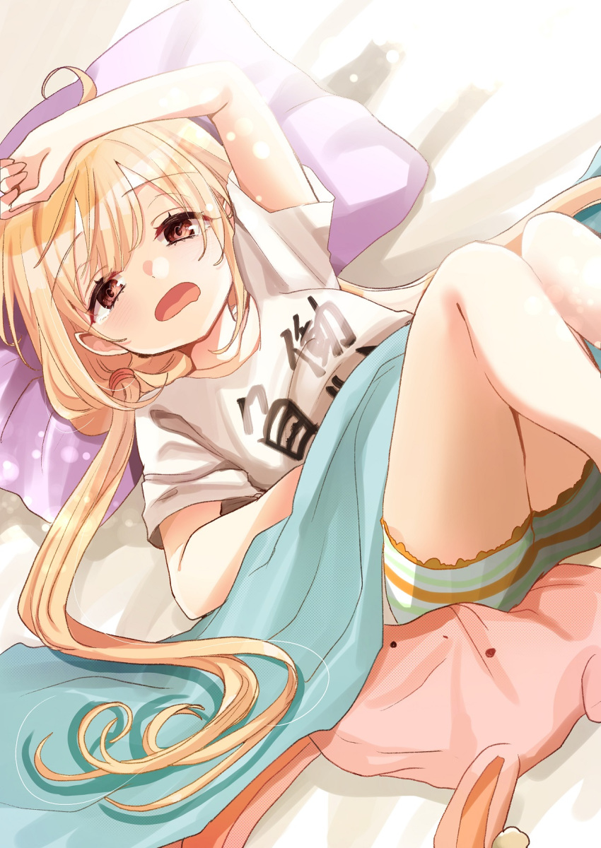 1girl ahoge bed blonde_hair futaba_anzu highres idolmaster idolmaster_cinderella_girls idolmaster_cinderella_girls_starlight_stage long_hair low_twintails lying on_back on_bed open_mouth pillow rino_cnc sleepy solo stuffed_animal stuffed_bunny stuffed_toy twintails