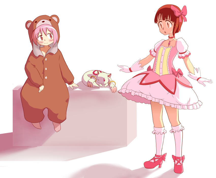 2girls absurdres animal_costume asymmetrical_hair bear_costume blush brown_hair bubble_skirt cosplay costume_switch creature dress frilled_dress frilled_legwear frills gloves hair_ornament hairclip highres hpluskid6667 iwakura_lain jewelry kaname_madoka kyubey long_sleeves magical_girl mahou_shoujo_madoka_magica multiple_girls necklace parted_lips pink_dress pink_footwear pink_hair puffy_short_sleeves puffy_sleeves serial_experiments_lain shadow shoes short_hair short_sleeves sitting skirt smile socks standing white_gloves x_hair_ornament