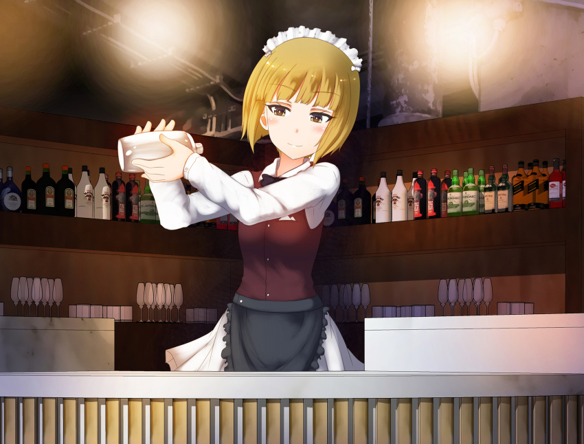 1girl alcohol apron aquaegg bangs bar bartender black_apron black_neckwear blonde_hair blunt_bangs bob_cut bow bowtie brown_vest champagne_flute closed_mouth cocktail_shaker commentary cup cutlass_(girls_und_panzer) dress_shirt drinking_glass eyebrows_visible_through_hair frilled_apron frills girls_und_panzer half-closed_eyes handkerchief highres holding indoors long_sleeves looking_at_viewer maid_headdress miniskirt pleated_skirt school_uniform shirt short_hair skirt smile solo standing vest waist_apron white_shirt white_skirt wing_collar yellow_eyes