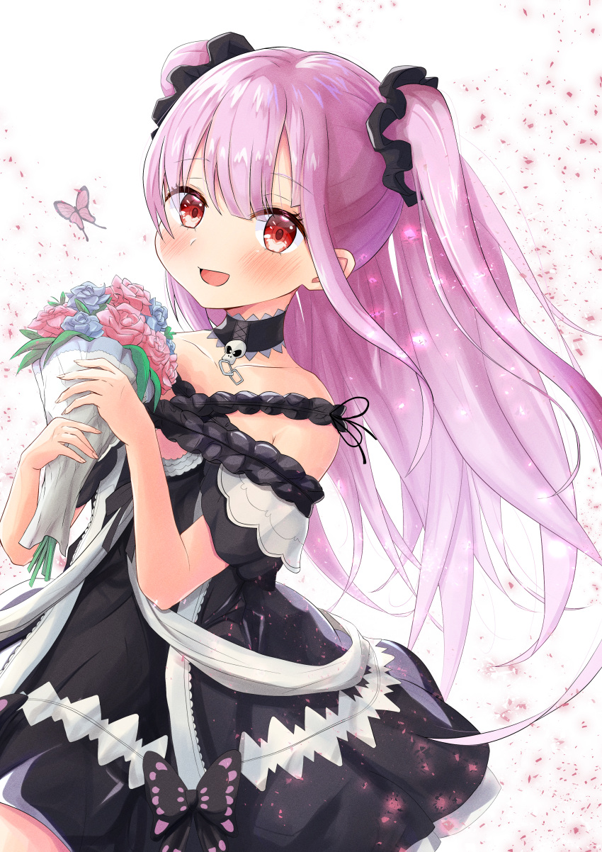 1girl :d absurdres bangs bare_shoulders black_choker black_dress blush bouquet bug butterfly choker collarbone cowboy_shot dress flower frilled_dress frilled_straps frills highres holding holding_bouquet hololive huge_filesize insect kairono3jou long_hair looking_at_viewer off-shoulder_dress off_shoulder open_mouth pink_hair red_eyes short_dress short_sleeves sidelocks smile solo symbol_commentary two_side_up uruha_rushia virtual_youtuber wristband