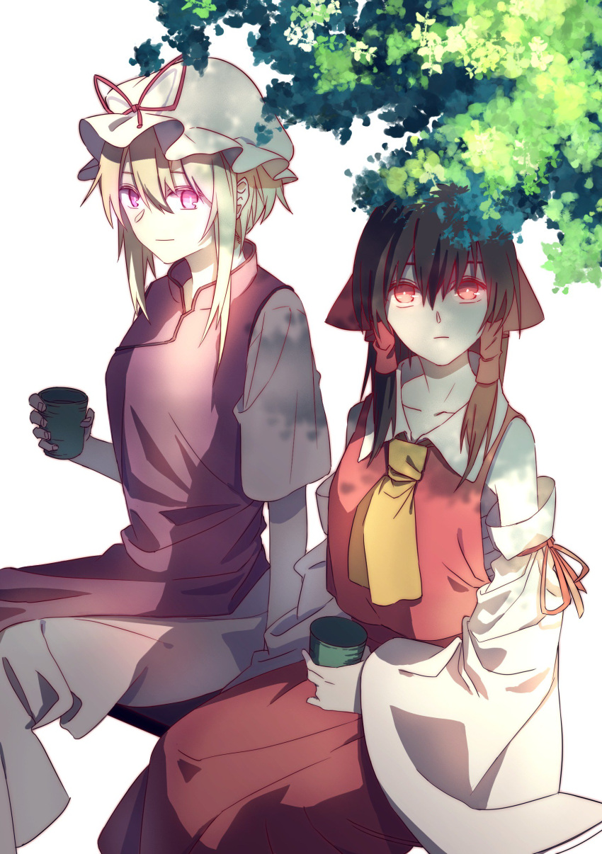 2girls absurdres arm_ribbon ascot bangs bare_shoulders black_hair blonde_hair bow collarbone cup day detached_sleeves dress expressionless eyebrows_behind_hair feet_out_of_frame hair_between_eyes hair_bow hair_tubes hair_up hakurei_reimu hat hat_ribbon highres holding holding_cup invisible_chair leaf long_hair looking_at_viewer mob_cap multiple_girls nontraditional_miko ouka_musci red_bow red_eyes red_shirt red_skirt ribbon sarashi shadow shirt short_sleeves side-by-side sidelocks simple_background sitting skirt skirt_set sleeveless sleeveless_shirt slit_pupils tabard teacup tied_hair touhou tree_shade violet_eyes white_background white_dress white_headwear wide_sleeves yakumo_yukari yellow_neckwear