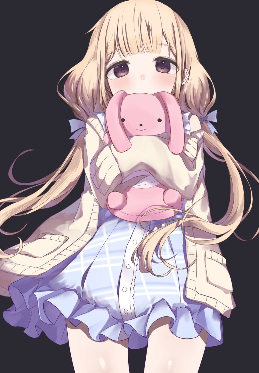 1girl beige_cardigan black_background blonde_hair blush cardigan covered_mouth cowboy_shot dress frilled_dress frills futaba_anzu hair_ornament hair_ribbon highres idolmaster idolmaster_cinderella_girls looking_at_viewer low_twintails pleated_dress ribbon simple_background sleeves_past_wrists solo stuffed_animal stuffed_bunny stuffed_toy tsuchi_(sh_spica1) twintails