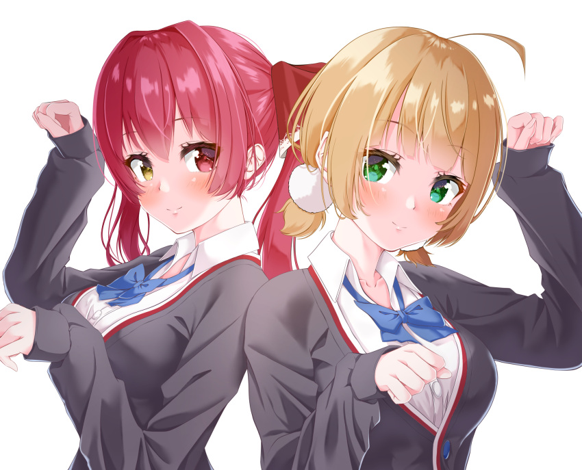 2girls blonde_hair blue_neckwear blush bow bowtie cardigan closed_mouth collared_shirt cosplay dress_shirt eyelashes heterochromia highres hololive houshou_marine indie_virtual_youtuber light_brown_hair looking_at_viewer multiple_girls paw_pose redhead reflective_eyes school_uniform shigure_ui_(vtuber) shigure_ui_(vtuber)_(cosplay) shirt simple_background smile twintails upper_body virtual_youtuber white_background white_shirt yakatora