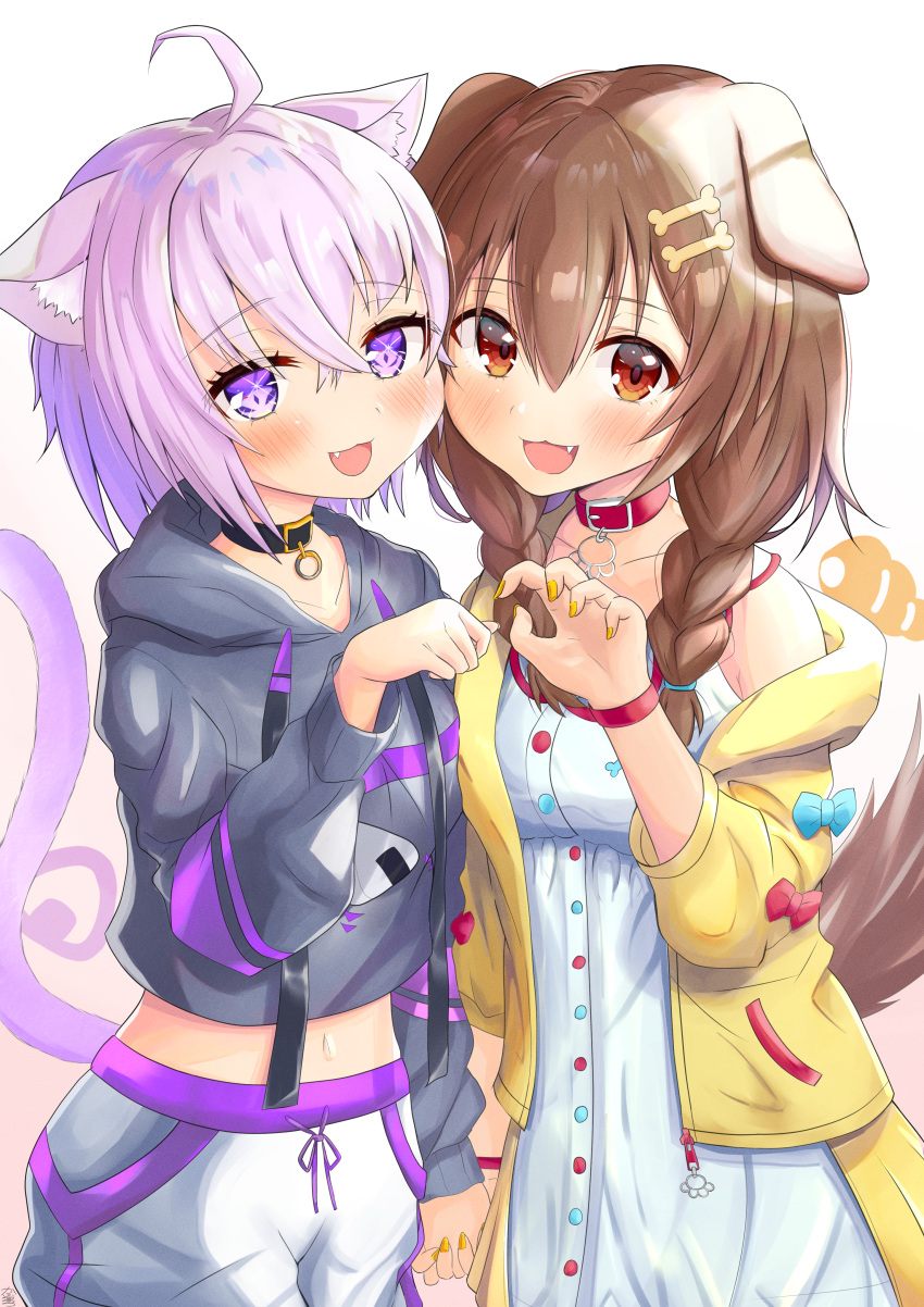 2girls :3 :d absurdres animal_collar animal_ear_fluff animal_ears bangs blush brown_hair cat_ears cat_girl cat_tail claw_pose collar cowboy_shot dog_ears dog_girl dog_tail fang hair_between_eyes highres holding_hands hololive huge_filesize interlocked_fingers inugami_korone kairono3jou looking_at_viewer multiple_girls nekomata_okayu open_mouth paw_pose purple_hair simple_background smile tail virtual_youtuber white_background