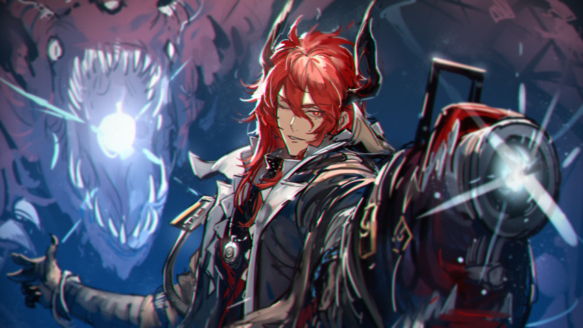 1boy arknights claws coat grin hair_between_eyes holding holding_weapon horns long_hair looking_at_viewer male_focus one_eye_closed red_eyes redhead ryuuzaki_ichi sesa_(arknights) smile solo weapon