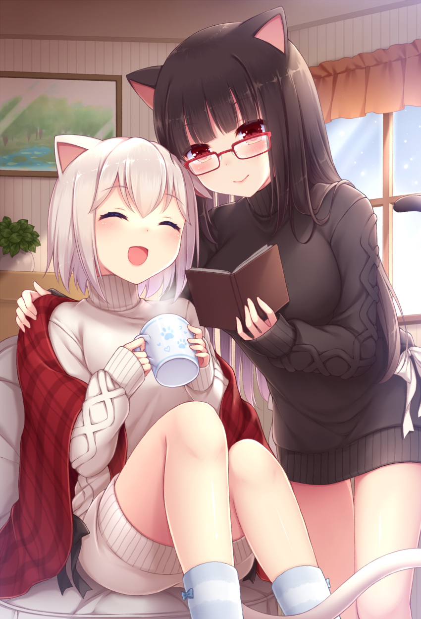 2girls :d ^_^ animal_ears aran_sweater black_hair blush book cat_ears cat_girl cat_tail character_request closed_eyes closed_mouth commentary_request cup curtains feet_out_of_frame hand_on_another's_shoulder highres holding holding_book holding_cup indoors long_hair long_sleeves maimai_(game) mug multiple_girls open_book open_mouth picture_(object) picture_frame red_eyes sanotsuki short_hair silver_hair sitting sleeves_past_wrists smile socks standing steam striped striped_legwear sweater tail turtleneck turtleneck_sweater very_long_hair white_sweater window