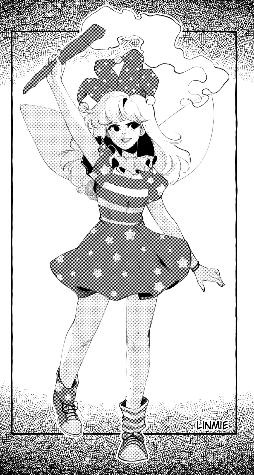 1girl absurdres arm_up artist_name clownpiece dress fairy_wings freckles hat highres holding holding_torch jester_cap linmiee long_hair mismatched_legwear monochrome neck_ruff polka_dot shoes short_sleeves sneakers star_(symbol) striped striped_dress torch touhou wings