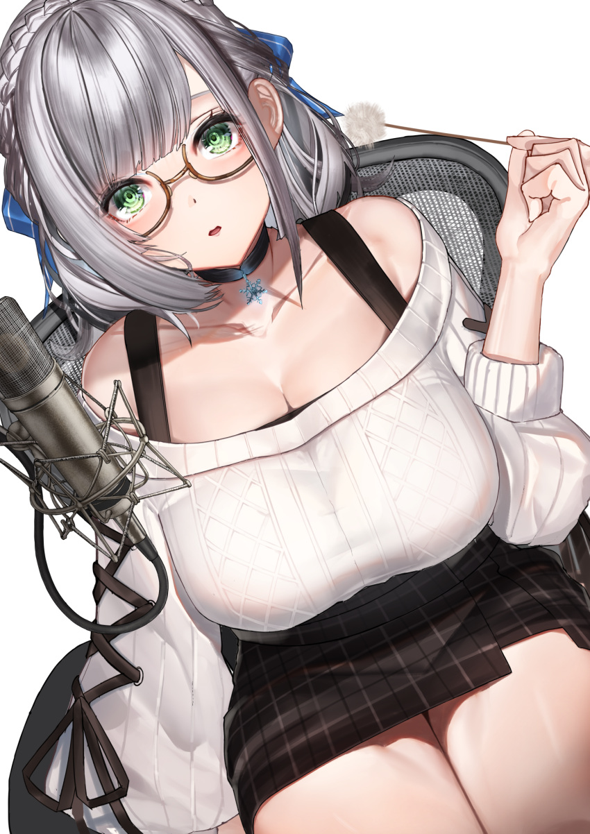 1girl bangs blue_ribbon braid breasts brown_skirt chair choker collarbone french_braid glasses green_eyes hair_ribbon highres holding hololive lamium_(artist) large_breasts long_sleeves looking_at_viewer medium_hair microphone mimikaki parted_lips plaid plaid_skirt ribbon shirogane_noel silver_hair sitting skirt solo sweater white_background white_sweater