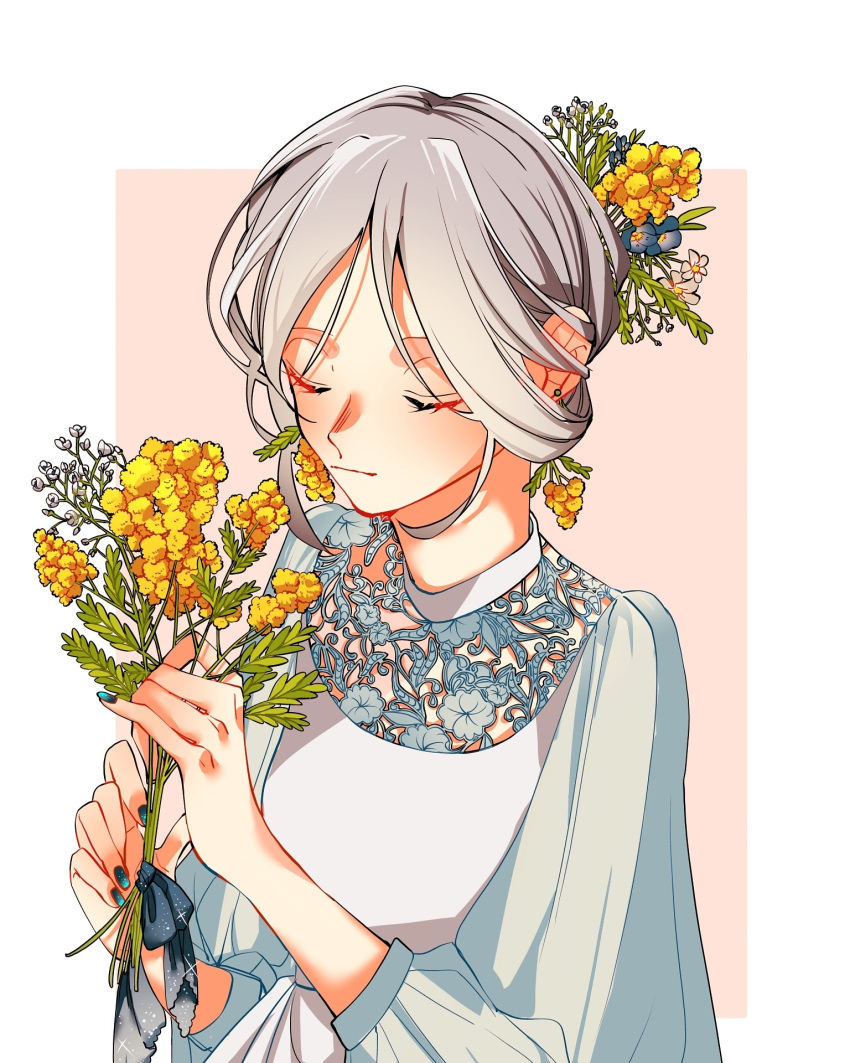 1girl aqua_nails blue_flower blush closed_eyes earrings flower flower_earrings grey_hair hair_flower hair_ornament highres jewelry lace leaf mimosa_(flower) moru0308 original pink_background plant solo upper_body white_flower yellow_flower