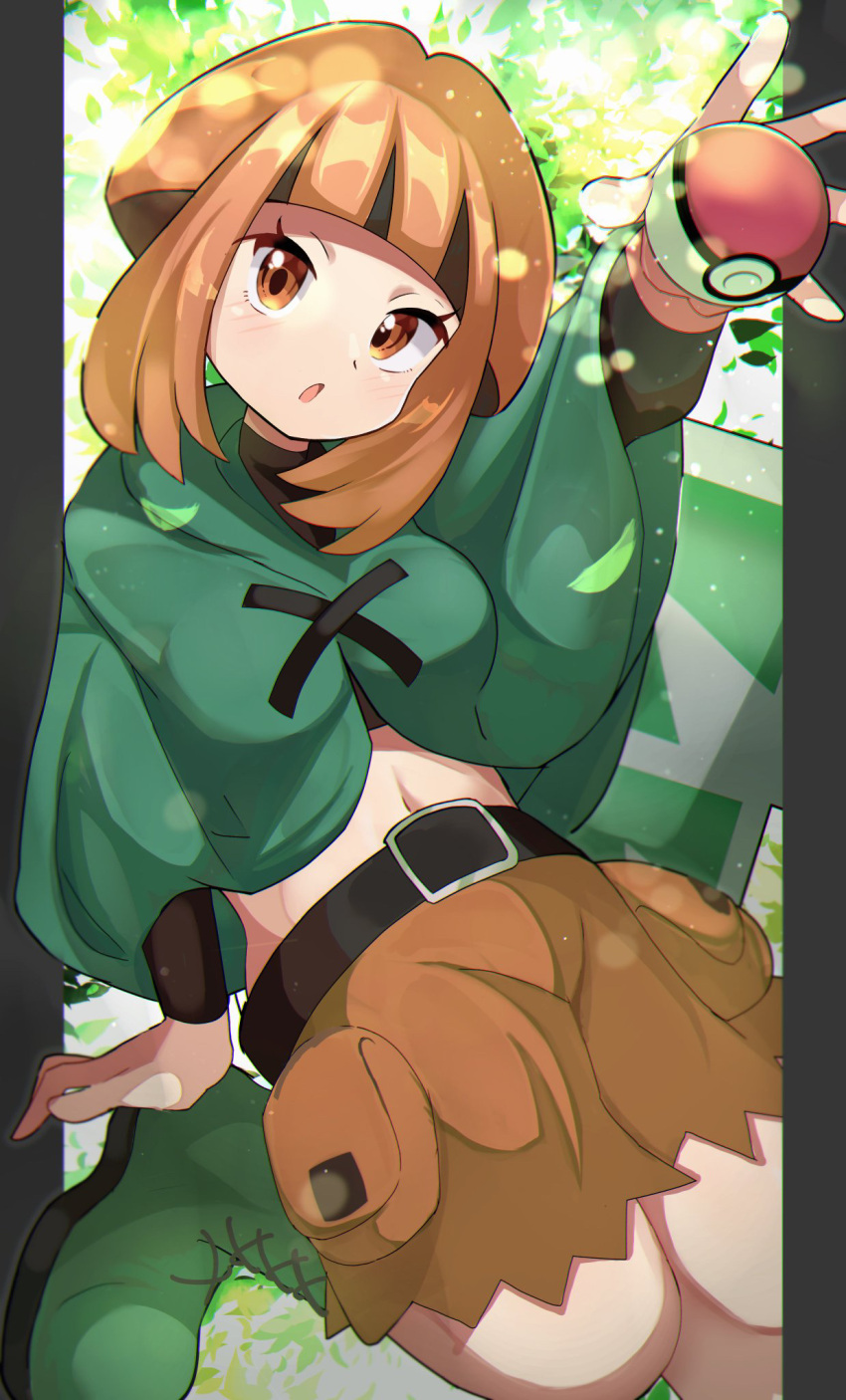 1girl :o bangs belt black_belt black_hair black_shirt blunt_bangs blush boots breasts brown_eyes brown_hair brown_shorts capelet commentary cowboy_shot crop_top gardenia_(pokemon) green_capelet green_footwear gym_leader highres holding holding_poke_ball large_breasts long_sleeves looking_at_viewer midriff multicolored_hair navel poke_ball poke_ball_(basic) pokemon pokemon_(game) pokemon_dppt shirt short_hair shorts sidelocks solo standing standing_on_one_leg two-tone_hair umiru