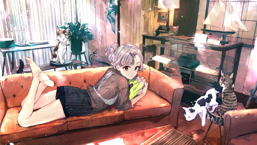 1girl animal barefoot black_shorts blue_eyes brown_shirt cat chair closed_mouth couch curtains hair_bun highres indoors long_sleeves looking_at_viewer lying medium_hair model_ship on_stomach original pink_hair plant ponkan_8 potted_plant shirt shorts table window