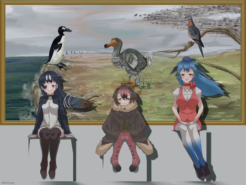 3girls bare_arms black_hair blue_hair boots bow bow_choker bowtie brown_hair brown_legwear cape choker closed_mouth colored_inner_hair dangling dodo_(kemono_friends) empty_eyes flight_attendant floating_hair full_body fur_collar fur_trim gloves great_auk_(kemono_friends) grey_hair hair_ribbon hairband hand_rest hat height_difference highres jacket kemono_friends knees_together_feet_apart long_hair long_sleeves looking_at_viewer miniskirt multicolored_hair multiple_girls open_mouth painting_(object) pantyhose passenger_pigeon_(kemono_friends) pencil_skirt pink_hair red_eyes ribbon semikouen shoes short_hair short_sleeves sitting skirt smile stewardess thigh-highs very_long_hair vest violet_eyes yellow_eyes zettai_ryouiki