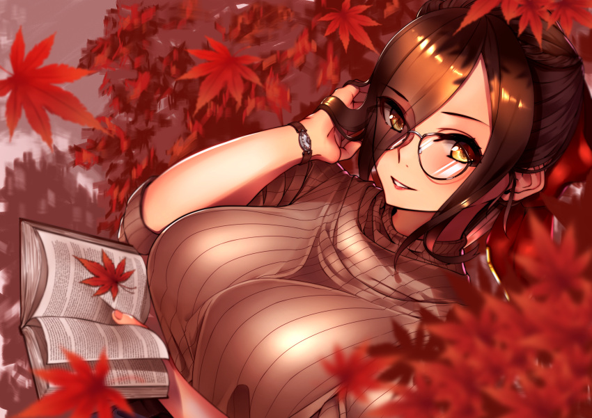 1girl absurdres alternate_costume alternate_hairstyle azur_lane bespectacled black_hair book braid breasts brown_sweater friedrich_der_grosse_(azur_lane) from_above glasses hair_over_one_eye hand_in_hair highres holding holding_book huge_filesize large_breasts leaf looking_at_viewer maple_leaf open_book reading ribbed_sweater solo sunebu_(snake_boo2) sweater watch watch yellow_eyes
