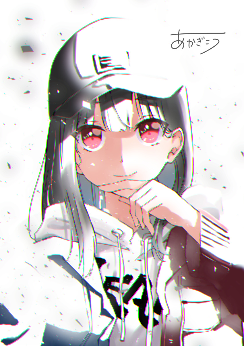 1girl absurdres akagikou bangs baseball_cap black_hair black_headwear blue_jacket brown_jacket chromatic_aberration closed_mouth drawstring eyebrows_visible_through_hair hand_up hat highres hood hood_down hoodie jacket long_hair long_sleeves looking_at_viewer open_clothes open_jacket original signature smile solo upper_body white_background white_hoodie