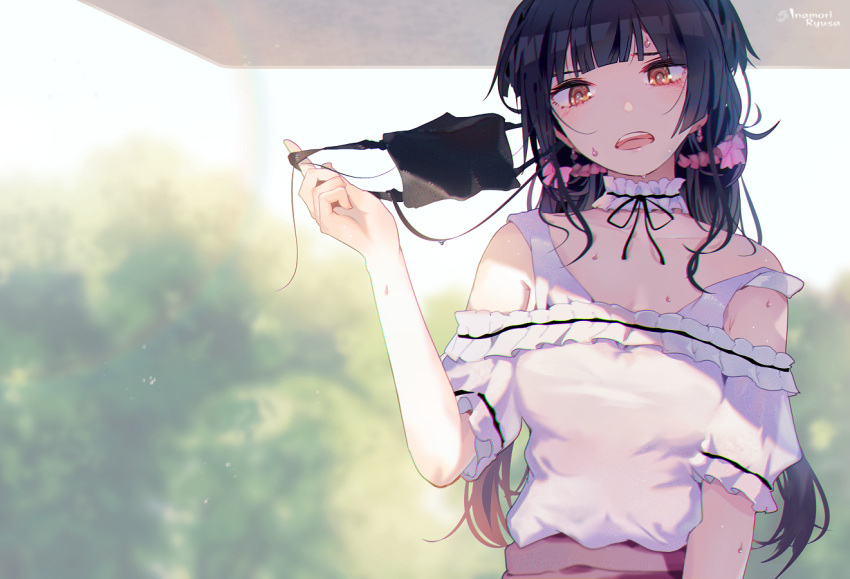 1girl :o arm_up armpits black_hair black_mask blurry blush bow choker collarbone depth_of_field earrings frilled_choker frilled_sleeves frills hair_bow hair_ornament hair_scrunchie idolmaster idolmaster_shiny_colors inaeda_kei jewelry looking_at_viewer looking_down low_twintails mask_around_one_ear mayuzumi_fuyuko neck_ribbon outdoors ribbon scrunchie shade shiny shiny_clothes shiny_skin solo strap_slip sweat sweatdrop twintails upper_body