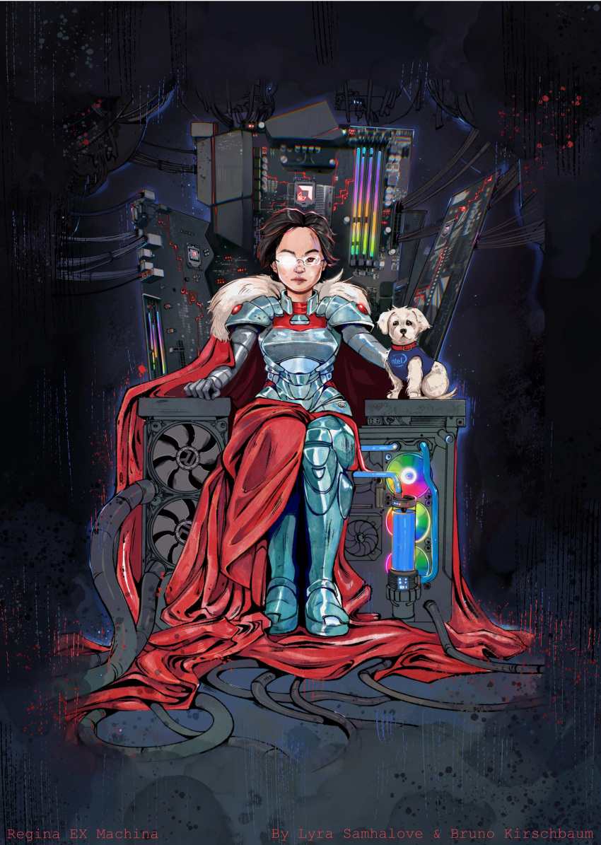 1girl absurdres amd armor artist_name black_hair bruno_kirschbaum cable cape collaboration computer_fan english_commentary forehead full_armor fur-trimmed_cape fur_trim glasses highres intel lisa_su lyra_samhalove motherboard opaque_glasses radeon real_life real_life_insert red_cape red_eyes rgb_lights rimless_eyewear short_hair sitting solo_focus throne tube water_cooler
