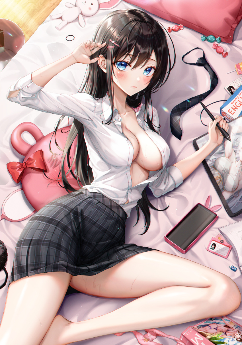 1girl absurdres arm_up bed black_hair black_skirt blue_eyes cellphone collared_shirt dress_shirt eichi_(skskdi12z) hair_ornament hairclip hand_up highres long_hair long_sleeves looking_at_viewer lying miniskirt on_back on_bed original partially_unbuttoned phone pillow plaid plaid_skirt pleated_skirt shirt shirt_tucked_in sidelocks skirt smartphone solo thighs white_shirt