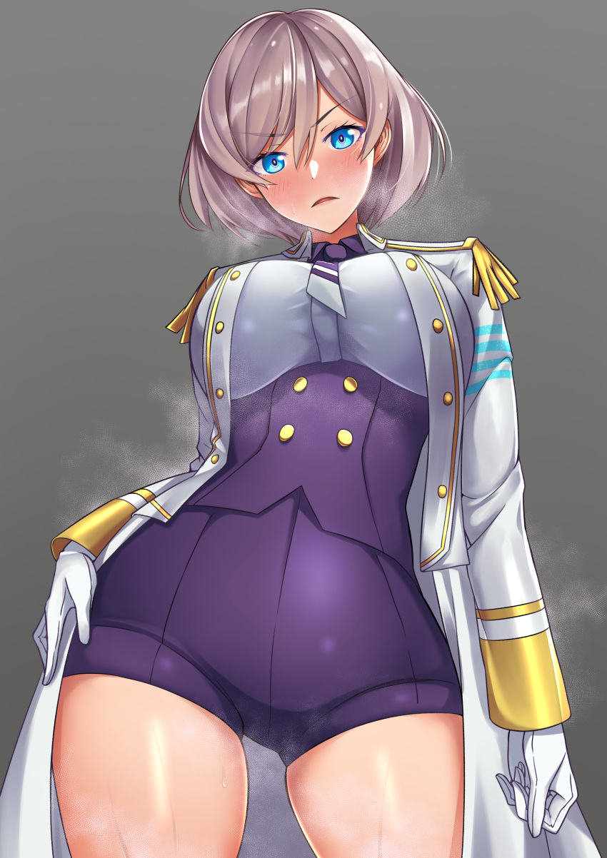 1girl absurdres blue_eyes blush breasts brown_hair frown gloves highres huge_filesize jacket large_breasts looking_at_viewer mini_necktie mr2d mujina purple_shorts shiny shiny_hair shiny_skin short_hair shorts skindentation solo ssss.dynazenon ssss.gridman standing steaming_body sweat thighs white_gloves white_jacket