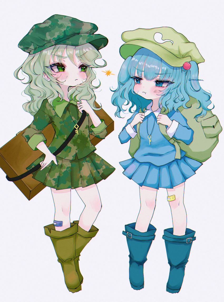 2girls :&lt; :i absurdres annoyed aqua_hair arm_up arms_up backpack bag bandaid bandaid_on_leg blue_footwear blue_hair blue_shirt blue_skirt blush boots box brown_footwear camouflage camouflage_headwear camouflage_shirt camouflage_skirt chibi commentary_request contrapposto eye_contact eyebrows_visible_through_hair flat_cap folded_leg full_body green_eyes green_headwear grey_background hair_bobbles hair_ornament hand_on_hip hat highres holding_strap kawashiro_nitori key knee_boots lightning_glare long_sleeves looking_at_another medium_hair miniskirt multiple_girls partial_commentary pleated_skirt renakobonb shirt short_hair simple_background skirt sleeves_past_elbows standing touhou two_side_up yamashiro_takane