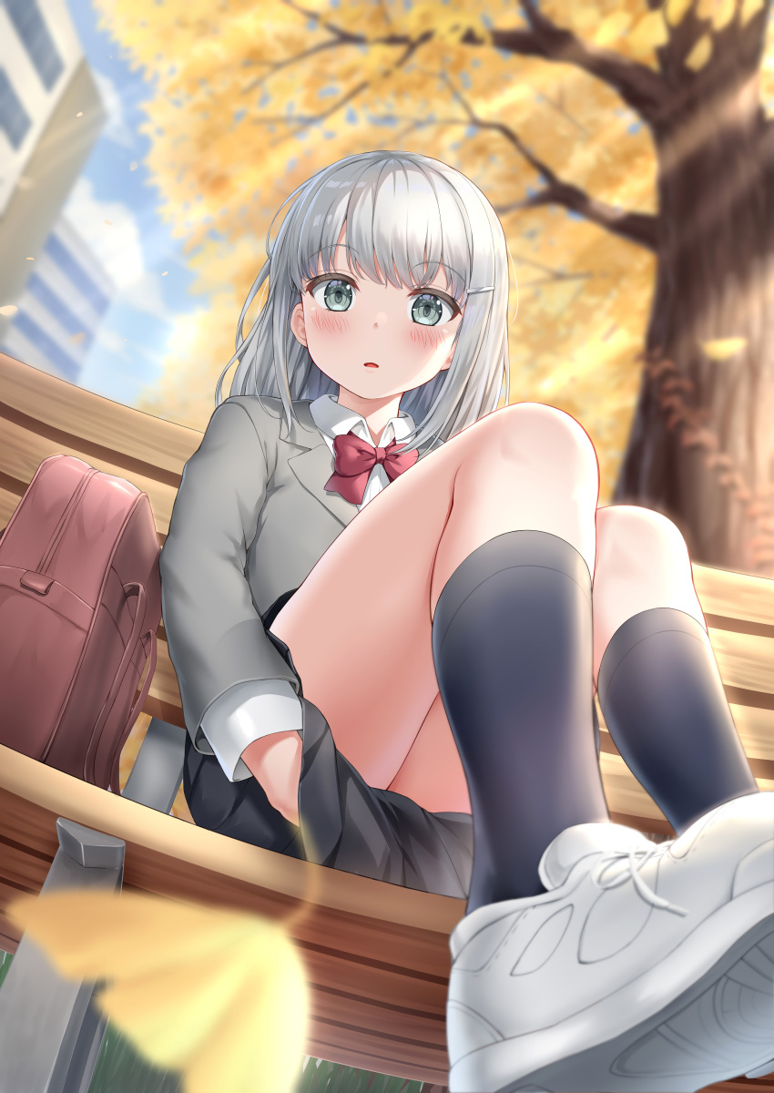 1girl absurdres autumn autumn_leaves bag bangs bench black_skirt blazer blue_sky blush bow bowtie clouds day eyebrows_visible_through_hair grey_blazer grey_eyes grey_hair highres holding holding_clothes holding_skirt jacket kneehighs looking_at_viewer nedia_(nedia_region) original outdoors red_neckwear school_uniform shoes short_hair silver_hair sitting skirt sky socks solo thighs white_footwear