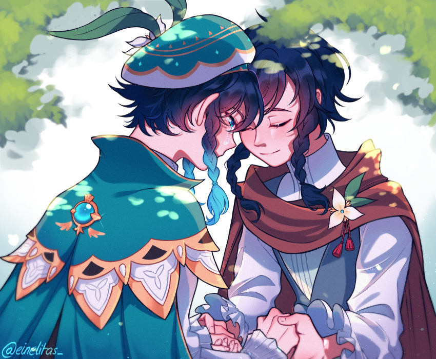 2boys androgynous bangs beret black_hair blue_hair braid brown_cloak cape cloak closed_eyes closed_mouth collared_cape crying crying_with_eyes_open einelitas english_commentary flower frilled_sleeves frills genshin_impact gradient_hair green_eyes green_headwear hat hat_flower highres holding_hands leaf long_sleeves male_focus multicolored_hair multiple_boys nameless_bard_(genshin_impact) shirt short_hair_with_long_locks smile tassel tears twin_braids venti_(genshin_impact) white_flower white_shirt