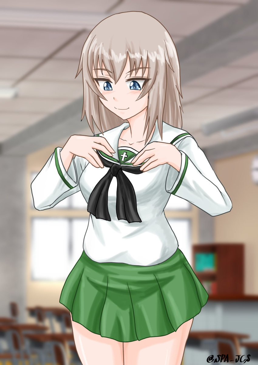 1girl alternate_costume black_neckwear blouse blurry blurry_background classroom closed_mouth commentary_request cowboy_shot depth_of_field eyebrows_visible_through_hair girls_und_panzer green_skirt hands_on_own_chest highres indoors itsumi_erika light_blush long_sleeves looking_down miniskirt neckerchief nspa_(spa-jcs) ooarai_school_uniform partial_commentary pleated_skirt sailor_collar school_uniform serafuku skirt smile solo twitter_username white_blouse white_sailor_collar