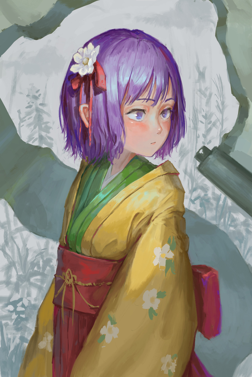 1girl bamboo bangs blush bob_cut closed_mouth fjsmu floral_print flower green_kimono hair_flower hair_ornament hair_ribbon hieda_no_akyuu highres japanese_clothes kimono layered_clothing layered_kimono long_sleeves looking_away looking_to_the_side no_pupils purple_hair red_ribbon red_sash red_skirt ribbon sash scroll short_hair sidelocks skirt solo touhou upper_body violet_eyes white_flower