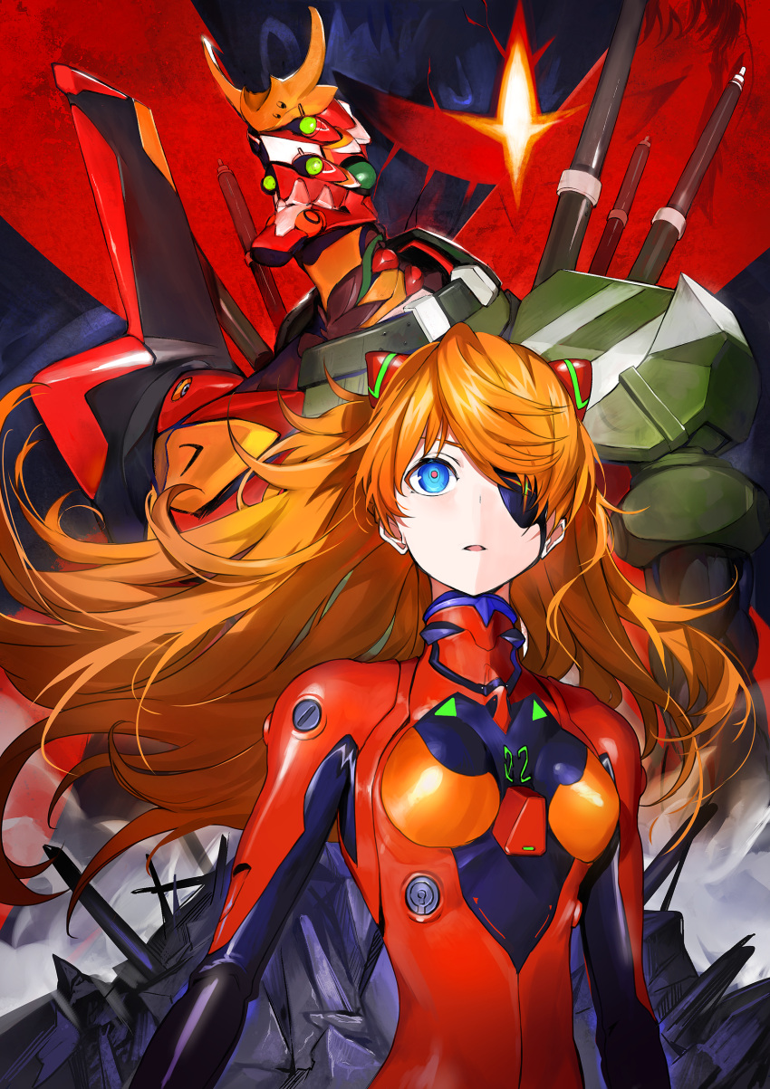 1girl absurdres blue_eyes bodysuit breasts eva_02 evangelion:_3.0+1.0_thrice_upon_a_time extra_eyes eyepatch green_eyes highres interface_headset long_hair mecha multicolored multicolored_bodysuit multicolored_clothes neon_genesis_evangelion open_mouth orange_hair panko_(drive_co) pilot_suit plugsuit rebuild_of_evangelion red_bodysuit shikinami_asuka_langley small_breasts solo souryuu_asuka_langley upper_body