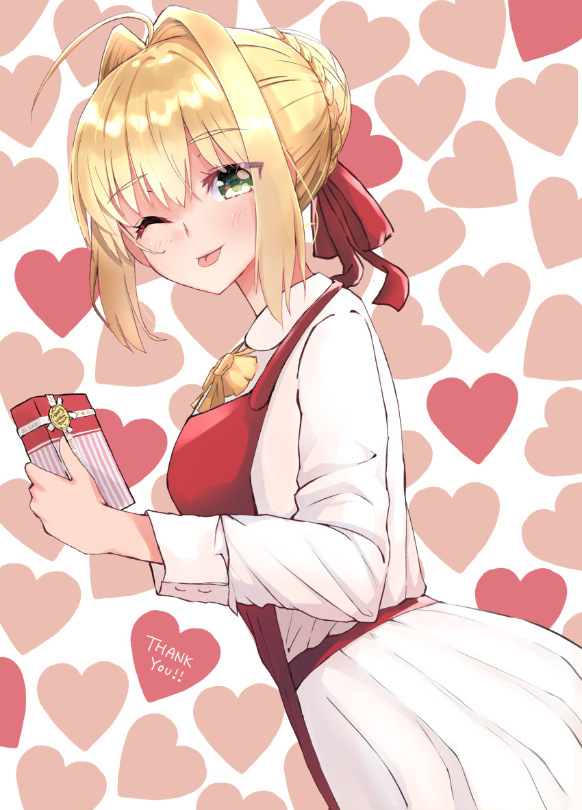 1girl ;p absurdres ahoge akagikou apron blonde_hair blush bow box braid closed_mouth collared_shirt commentary_request fate/extra fate_(series) gift gift_box green_eyes hair_bow hair_bun hair_intakes heart heart_background highres holding holding_gift long_sleeves looking_at_viewer looking_to_the_side nero_claudius_(fate) nero_claudius_(fate)_(all) one_eye_closed pleated_skirt red_apron red_bow shirt sidelocks skirt smile solo thank_you tongue tongue_out white_background white_shirt white_skirt