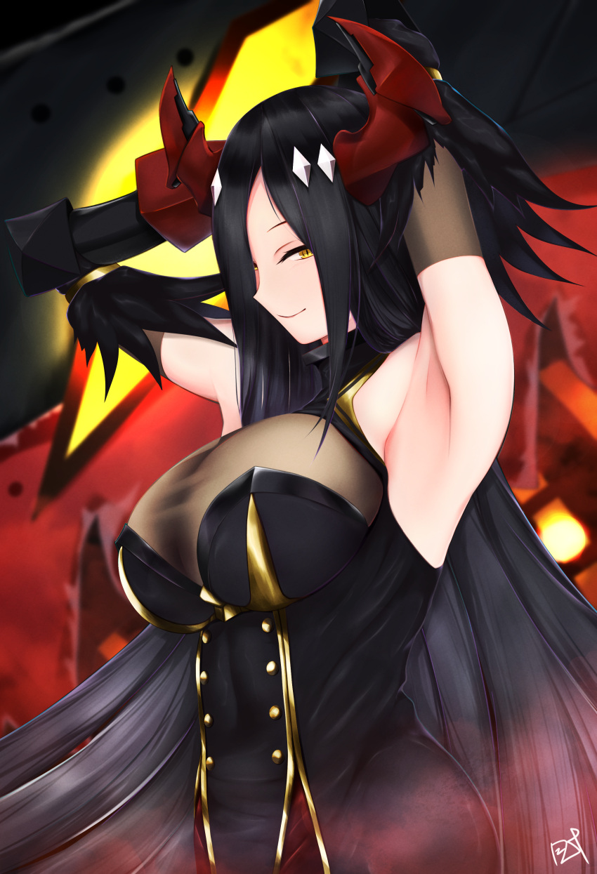 1girl absurdres arms_behind_head arms_up azur_lane black_dress black_hair breasts buttons detached_sleeves double-breasted dress friedrich_der_grosse_(azur_lane) from_side gloves gold_trim highres horns large_breasts long_hair mechanical_horns red_gloves red_horns see-through shiraishiakina smile solo very_long_hair yellow_eyes