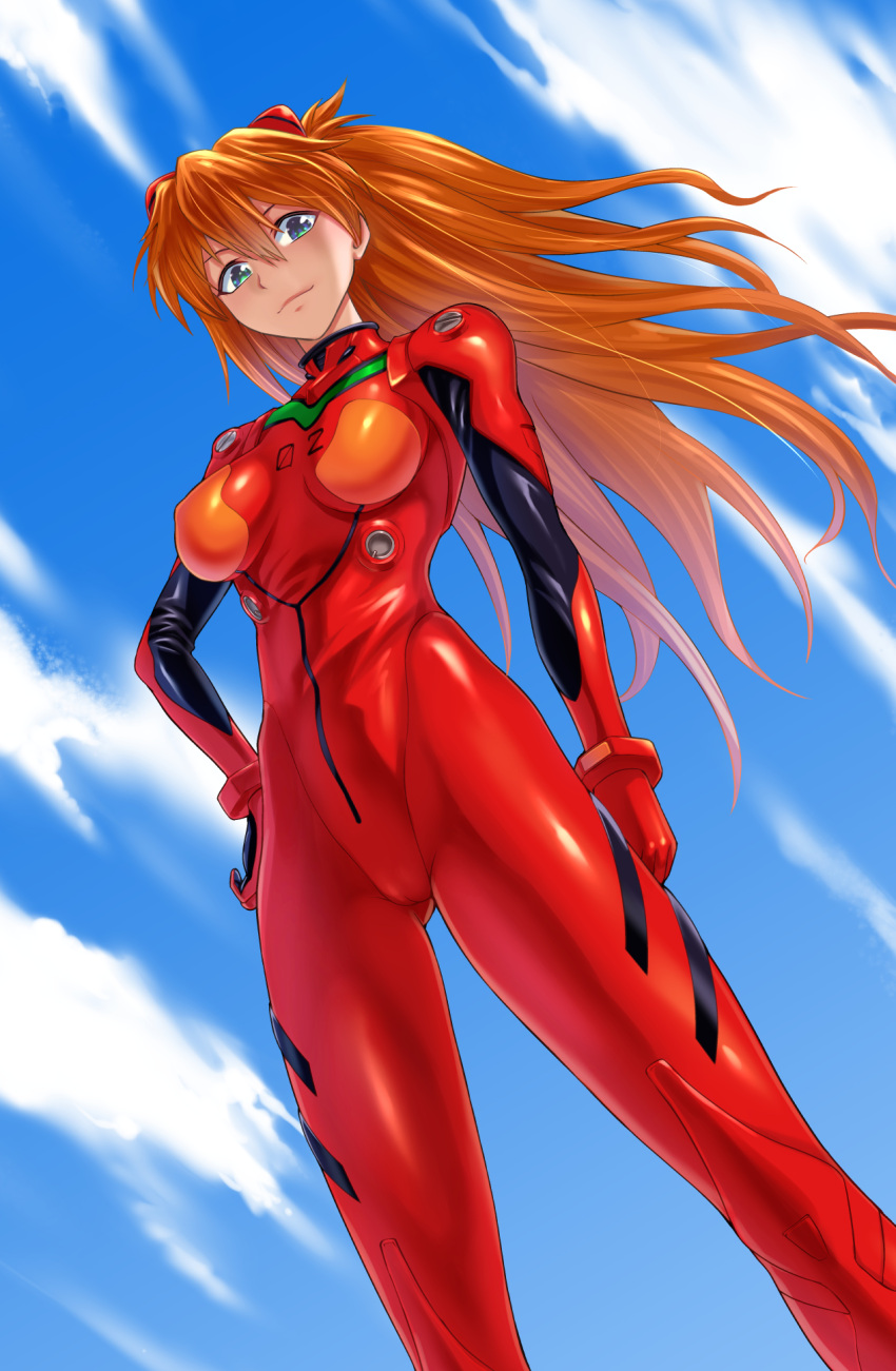 1girl blue_eyes blue_sky bodysuit breasts clouds dutch_angle evangelion:_3.0_you_can_(not)_redo feet_out_of_frame highres medium_breasts multicolored multicolored_bodysuit multicolored_clothes naito_haruto neon_genesis_evangelion nerv plugsuit rebuild_of_evangelion red_bodysuit redhead shikinami_asuka_langley sky solo souryuu_asuka_langley