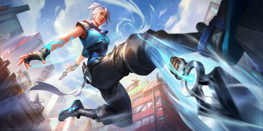 1girl agus_sw black_gloves black_pants blue_eyes blue_jacket city commission cropped_jacket english_commentary fingerless_gloves floating floating_hair floating_object floating_weapon from_below gloves hair_behind_ear highres holding holding_knife jacket jett_(valorant) jumping knife kunai looking_down pants parkour ponytail sidelocks sleeveless sleeveless_jacket smile solo tied_hair valorant weapon white_hair