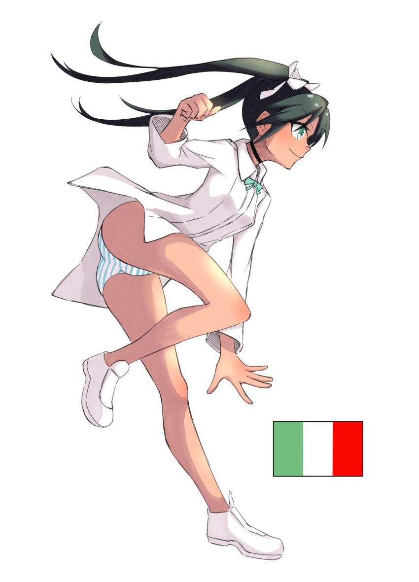 1girl ass black_neckwear blush breasts choker closed_mouth francesca_lucchini from_side full_body green_eyes green_hair hair_ornament hair_ribbon highres italian_flag long_hair military military_uniform panties ribbon shiny shiny_hair simple_background small_breasts smile solo strike_witches striped striped_panties twintails underwear uniform white_background white_footwear world_witches_series