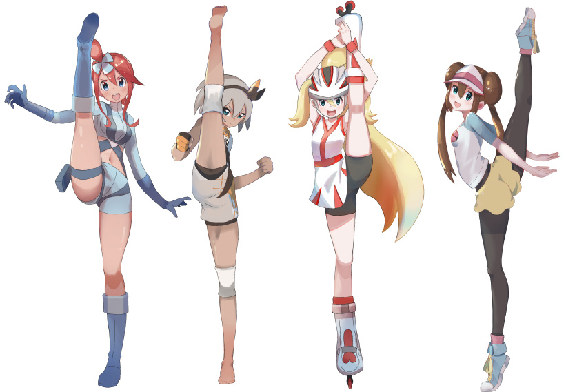 4girls :d absurdres arms_up barefoot bea_(pokemon) bike_shorts black_hairband black_legwear blonde_hair blue_eyes blue_gloves blue_shorts bodysuit_under_clothes boots bow_hairband brown_hair clenched_hands crop_top double_bun doughnut_hair_bun elbow_gloves flexible gloves green_eyes grey_hair gym_leader hair_ornament hairband hands_up harness high_ponytail highres holster jacket knee_pads korrina_(pokemon) leg_lift leg_up legwear_under_shorts long_hair long_sleeves midriff multiple_girls navel open_mouth outstretched_arms pantyhose partially_fingerless_gloves pokemon pokemon_(game) raglan_sleeves redhead roller_skates rosa_(pokemon) shirt shoes short_hair short_hair_with_long_locks shorts sidelocks simple_background single_glove skates skyla_(pokemon) sleeveless smile split stan standing standing_on_one_leg standing_split stomach tan taruto_(takug0812) thigh_holster tiptoes very_long_hair visor_cap white_background wristband yellow_shorts
