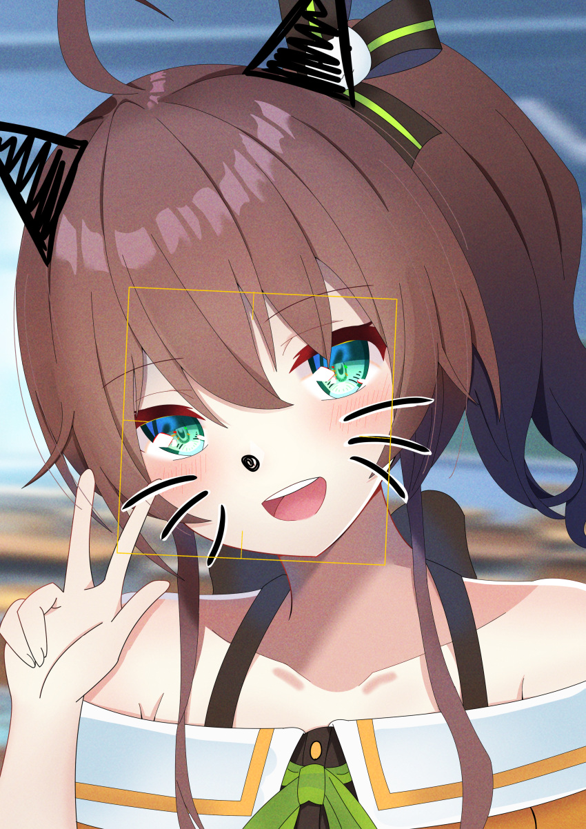 1girl :d absurdres ahoge animal_ears aqua_eyes bangs bare_shoulders black_ribbon blue_eyes blush brown_hair cat_hair_ornament collarbone fake_animal_ears green_neckwear hair_between_eyes hair_ornament hair_ribbon halterneck highres hololive huge_filesize jacket looking_at_viewer natsuiro_matsuri neck_ribbon off-shoulder_jacket open_mouth orange_jacket phone_screen portrait puri ribbon short_hair shun_(shu1344) side_ponytail smile solo upper_body upper_teeth user_interface v virtual_youtuber