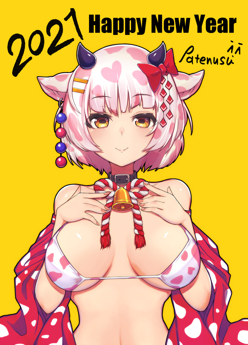 1girl 2021 absurdres artist_name bare_shoulders bell belt_collar blush breasts breasts_apart collar eyebrows_visible_through_hair goat_girl happy_new_year highres horizontal_pupils lips looking_at_viewer new_year original patenusu short_hair smile swimsuit swimwear tagme upper_body