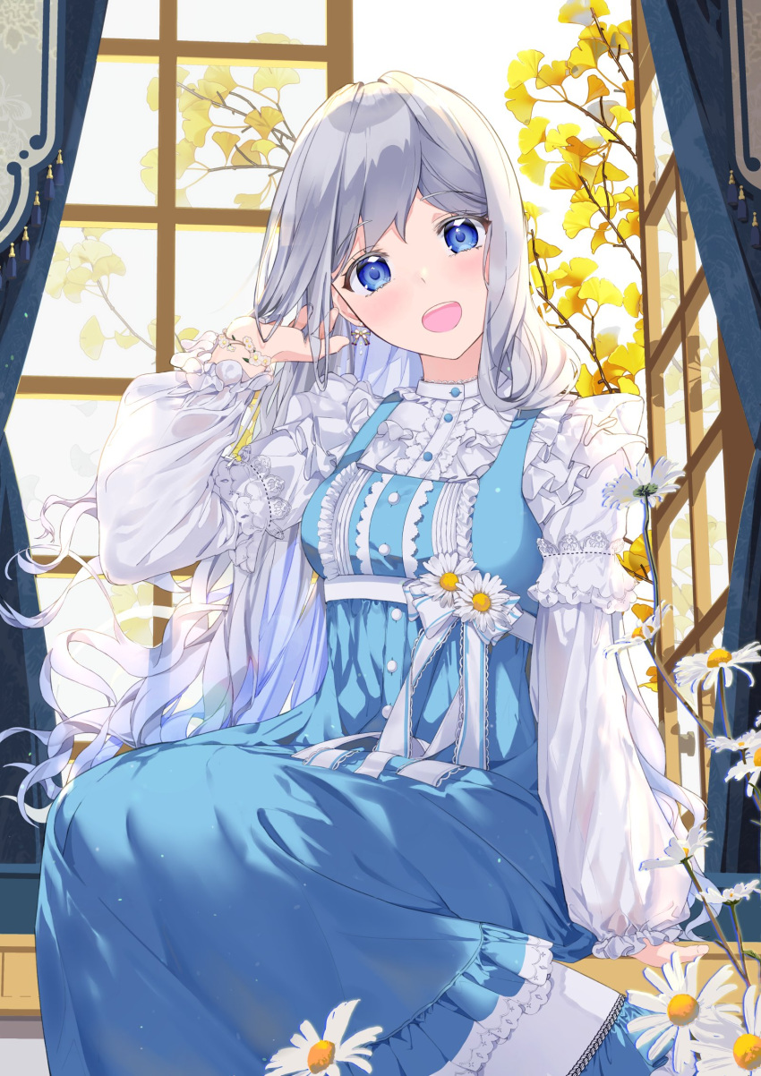 1girl :d adjusting_hair blue_dress blue_eyes blush bracelet breasts center_frills curtains daisy dress earrings eyebrows_visible_through_hair feet_out_of_frame flower frilled_dress frilled_shirt frilled_sleeves frills grey_hair hand_up highres indoors jewelry long_hair looking_at_viewer medium_breasts open_mouth original see-through_sleeves shirt sitting sleeves_past_wrists smile solo tassel ttorong upper_teeth white_shirt window yokozuwari