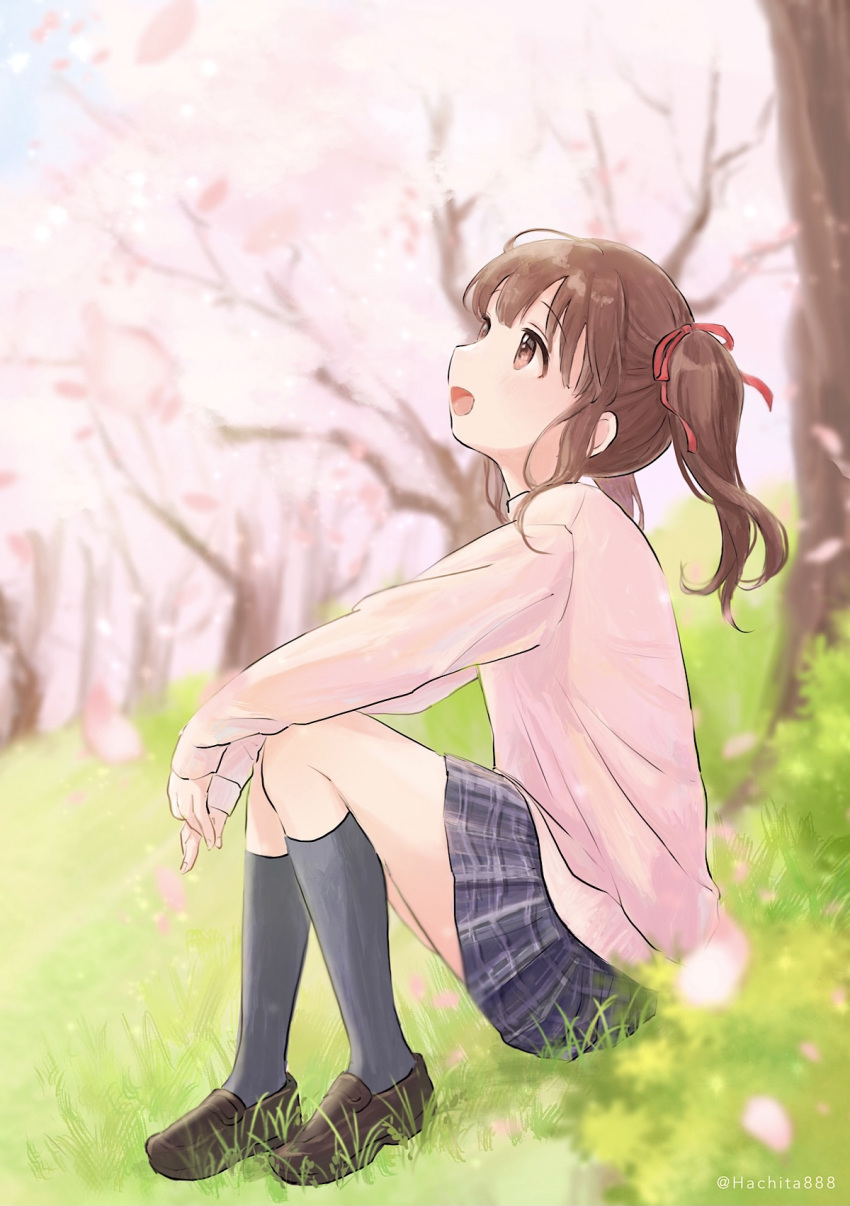 1girl :o bangs black_legwear blurry brown_hair cherry_blossoms depth_of_field eyebrows_visible_through_hair grass hair_ribbon hands_on_own_knees hands_together highres idolmaster idolmaster_cinderella_girls looking_away looking_up mitsuyahachiko ogata_chieri outdoors petals pink_sweater plaid plaid_skirt profile ribbon school_uniform sidelocks skirt solo sweater thighs twintails