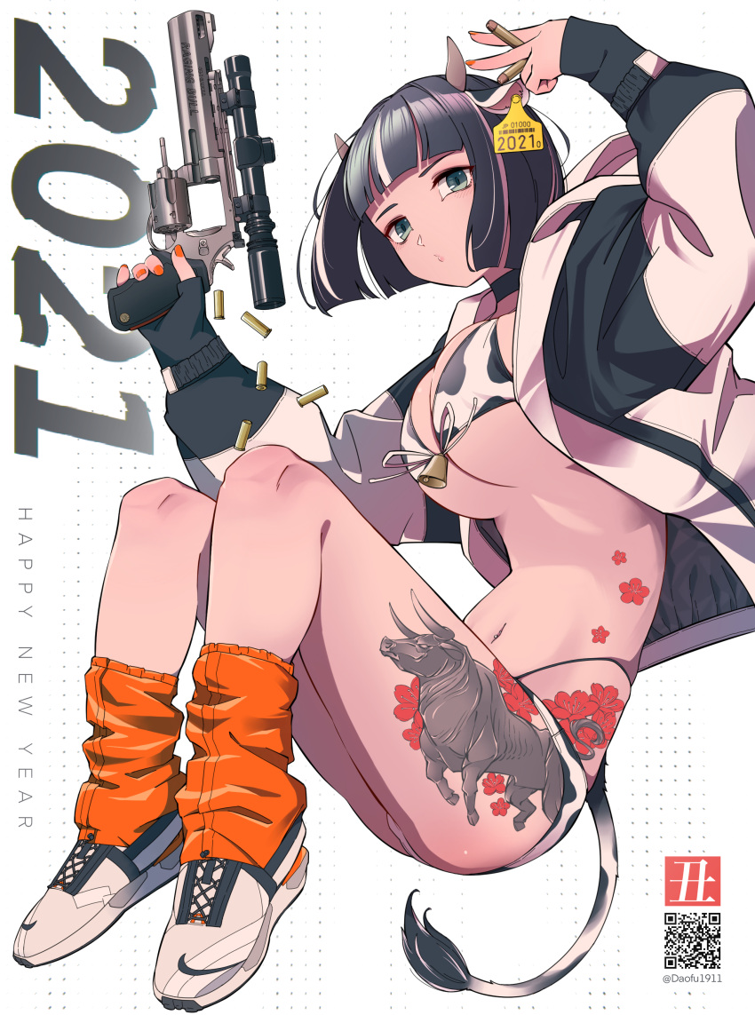 1girl 2021 absurdres animal_ears animal_print bangs bell bikini black_hair blunt_bangs blunt_ends breasts cartridge choker cow_ears cow_print cow_tail daofu1911 english_text full_body grey_eyes gun highres horns jacket large_breasts leg_tattoo looking_at_viewer nail_polish new_year orange_nails original qr_code revolver scope shell_casing shoes short_hair solo swimsuit tail tattoo twitter_username two-tone_jacket weapon white_footwear
