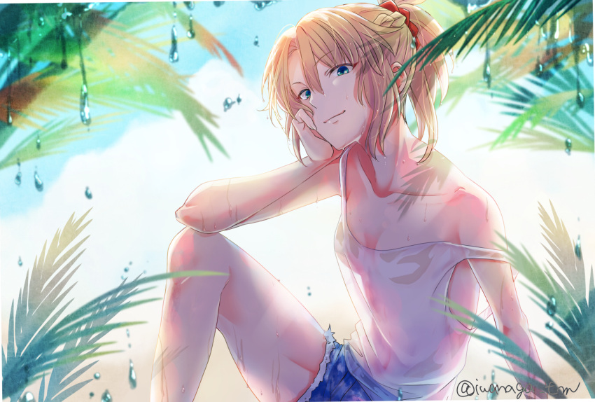 1girl blonde_hair blue_sky braid breasts breasts_apart clouds collarbone covered_navel cutoffs denim denim_shorts fate/grand_order fate_(series) french_braid green_eyes hair_between_eyes head_rest iwanaga_tm light_smile looking_at_viewer mordred_(fate) mordred_(fate/apocrypha) off_shoulder palm_tree red_scrunchie scrunchie see-through shirt shorts sky small_breasts smile solo thighs tree twitter_username wet white_shirt