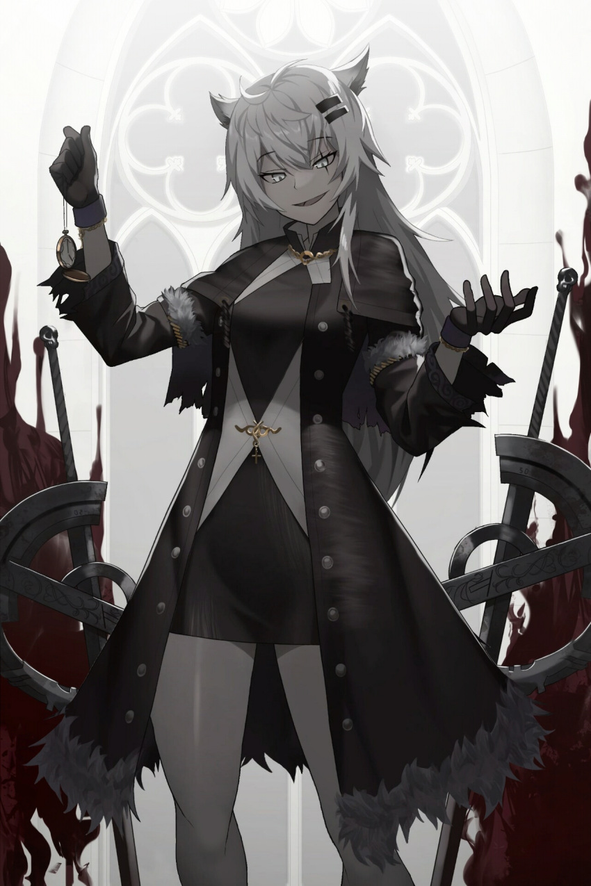1girl animal_ears arknights bangs black_gloves black_jacket breasts cero_(last2stage) dress eyebrows_visible_through_hair fur-trimmed_jacket fur_trim gloves grey_eyes highres jacket lappland_(arknights) long_hair looking_down medium_breasts open_clothes open_jacket open_mouth scar scar_across_eye silver_hair simple_background smile solo standing watch white_legwear