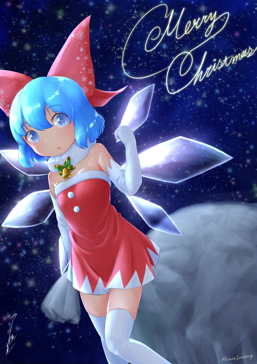 1girl absurdres alternate_costume artist_name bangs bare_shoulders bell blue_background blue_eyes blue_hair blush bow bowtie christmas cirno clenched_hand collarbone commentary_request detached_collar dress dutch_angle elbow_gloves english_text eyebrows_visible_through_hair flat_chest fur-trimmed_dress fur_collar fur_trim gloves green_neckwear hair_ribbon hand_up highres ice ice_wings katsura_dendou knees_together_feet_apart light_blush looking_to_the_side merry_christmas neck_bell open_mouth pom_pom_(clothes) red_dress red_ribbon ribbon shiny shiny_hair shiny_skin short_hair sidelocks signature skindentation snowflake_print solo space standing star_(sky) strapless strapless_dress thigh-highs touhou twitter_username white_gloves white_legwear wings zettai_ryouiki