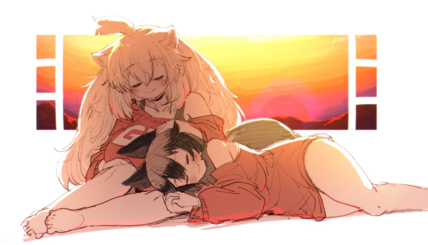 2girls ahoge anchors animal_ears backlighting bangs bare_legs bare_shoulders barefoot big_hair closed_eyes closed_mouth dress eyebrows_visible_through_hair fox_ears fox_tail hair_between_eyes highres kemono_friends lap_pillow leaning_to_the_side light_blush lion_ears long_hair long_sleeves lying multiple_girls on_side silver_fox_(kemono_friends) sitting sketch sleeping smile sweater sweater_dress tail white_lion_(kemono_friends)