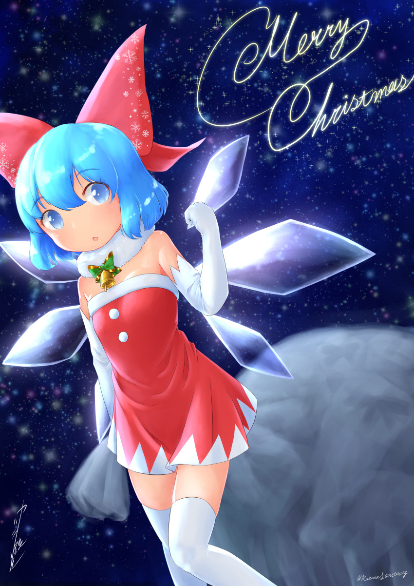 1girl absurdres alternate_costume artist_name bangs bare_shoulders bell blue_background blue_eyes blue_hair blush bow bowtie christmas cirno clenched_hand collarbone commentary_request detached_collar dress dutch_angle elbow_gloves english_text eyebrows_visible_through_hair flat_chest fur-trimmed_dress fur_collar fur_trim gloves green_neckwear hair_ribbon hand_up highres ice ice_wings katsura_dendou knees_together_feet_apart light_blush looking_to_the_side merry_christmas neck_bell open_mouth pom_pom_(clothes) red_dress red_ribbon ribbon shiny shiny_hair shiny_skin short_hair sidelocks signature skindentation snowflake_print solo space standing star_(sky) strapless strapless_dress thigh-highs touhou twitter_username white_gloves white_legwear wings zettai_ryouiki