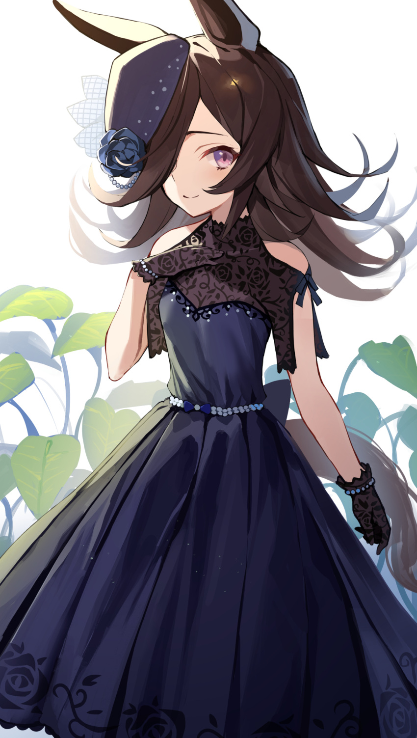 1girl amagasa_yun animal_ears bangs bare_shoulders black_dress black_gloves black_hair black_headwear blue_flower blue_rose closed_mouth clothing_cutout commentary_request dress flower gloves hair_over_one_eye hand_up hat hat_flower highres horse_ears horse_girl horse_tail leaf long_hair looking_at_viewer pleated_dress rice_shower_(umamusume) rose short_sleeves shoulder_cutout smile solo tail tilted_headwear umamusume violet_eyes white_background