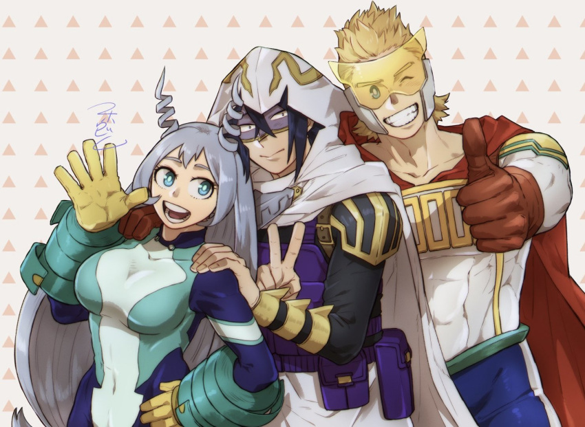1girl 2boys :&gt; amajiki_tamaki aqua_bodysuit armor artist_name belt_pouch blonde_hair blue_eyes blue_hair bodysuit boku_no_hero_academia cape closed_mouth collarbone commentary covered_abs covered_navel domino_mask drill_hair fingernails gloves grin hadou_nejire hair_between_eyes hand_on_another's_shoulder hand_on_hip hand_up hood hood_up hooded_cape long_hair long_sleeves mahoubin_(totemo_hot_dayo) mask multiple_boys muscular muscular_male one_eye_closed open_mouth outstretched_arm pouch red_cape red_gloves short_hair shoulder_armor signature skin_tight smile symbol_commentary thumbs_up tinted_eyewear togata_mirio triangle twin_drills v white_cape yellow-tinted_eyewear yellow_gloves