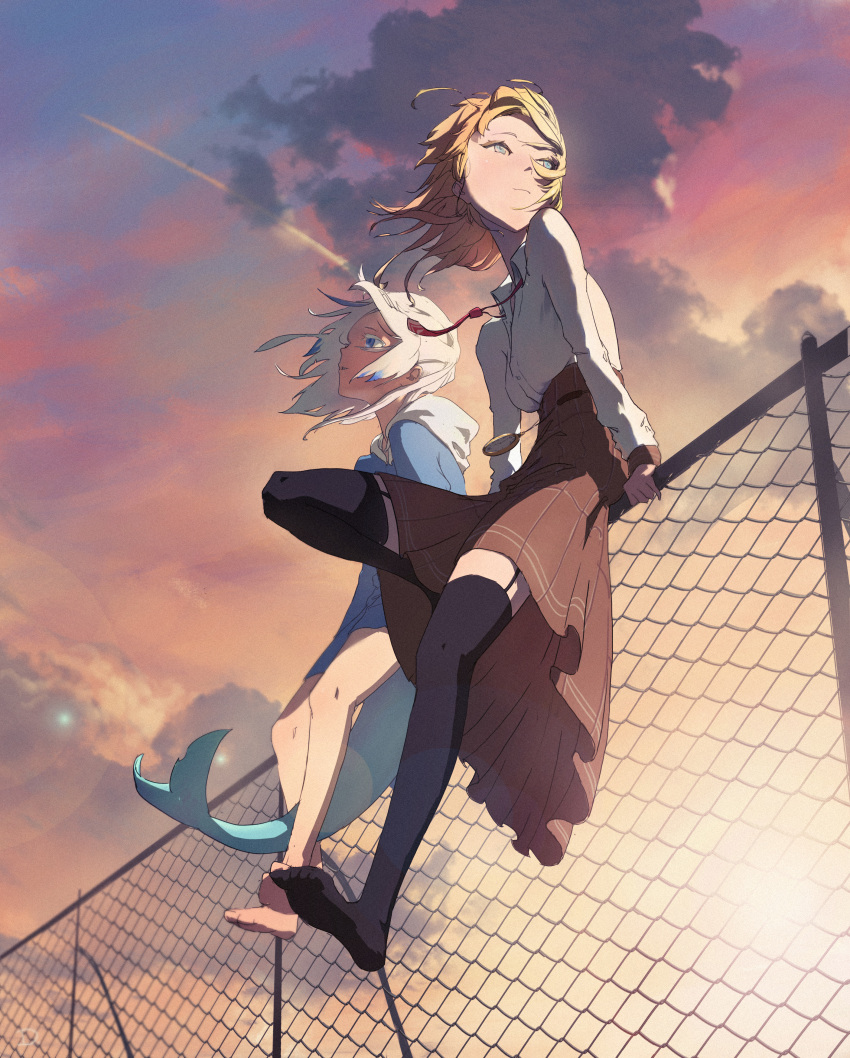 2girls absurdres backlighting barefoot blonde_hair blue_eyes blue_hair blue_hoodie brown_legwear brown_skirt chain-link_fence closed_mouth clouds collared_shirt dino_(dinoartforame) english_commentary evening feet fence fish_tail garter_straps gawr_gura high-waist_skirt highres hololive hololive_english hood hoodie light_smile looking_to_the_side multicolored_hair multiple_girls necktie no_legwear no_shoes outdoors plaid plaid_skirt red_neckwear shark_tail shirt sitting sitting_on_fence skirt sky streaked_hair sun sunlight tail toes virtual_youtuber watson_amelia white_hair white_shirt wind
