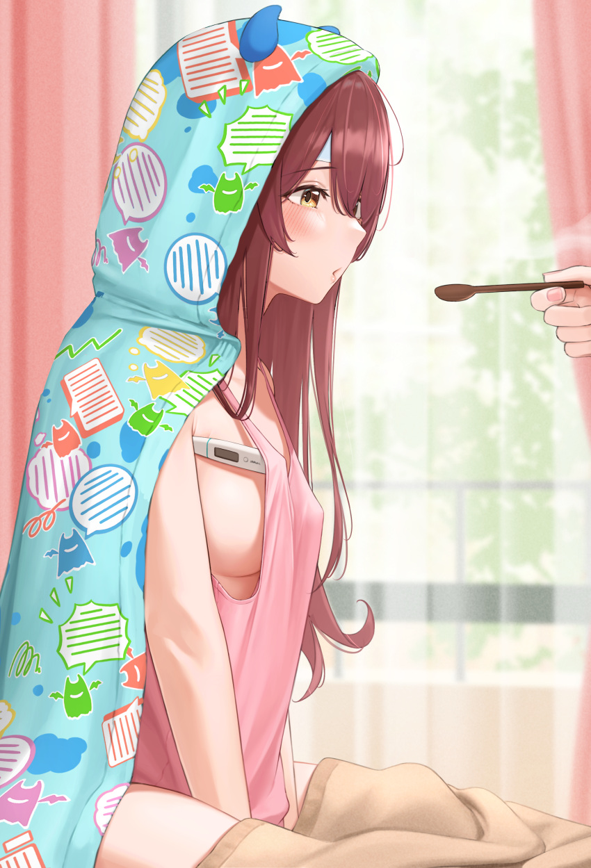 1girl absurdres blanket blowing blue_hoodie breasts commentary_request demon_horns fever from_side hibinpo highres hood hood_up hoodie horns idolmaster idolmaster_shiny_colors indoors long_hair oosaki_tenka patch pink_tank_top redhead sideboob solo_focus spoon tank_top thermometer