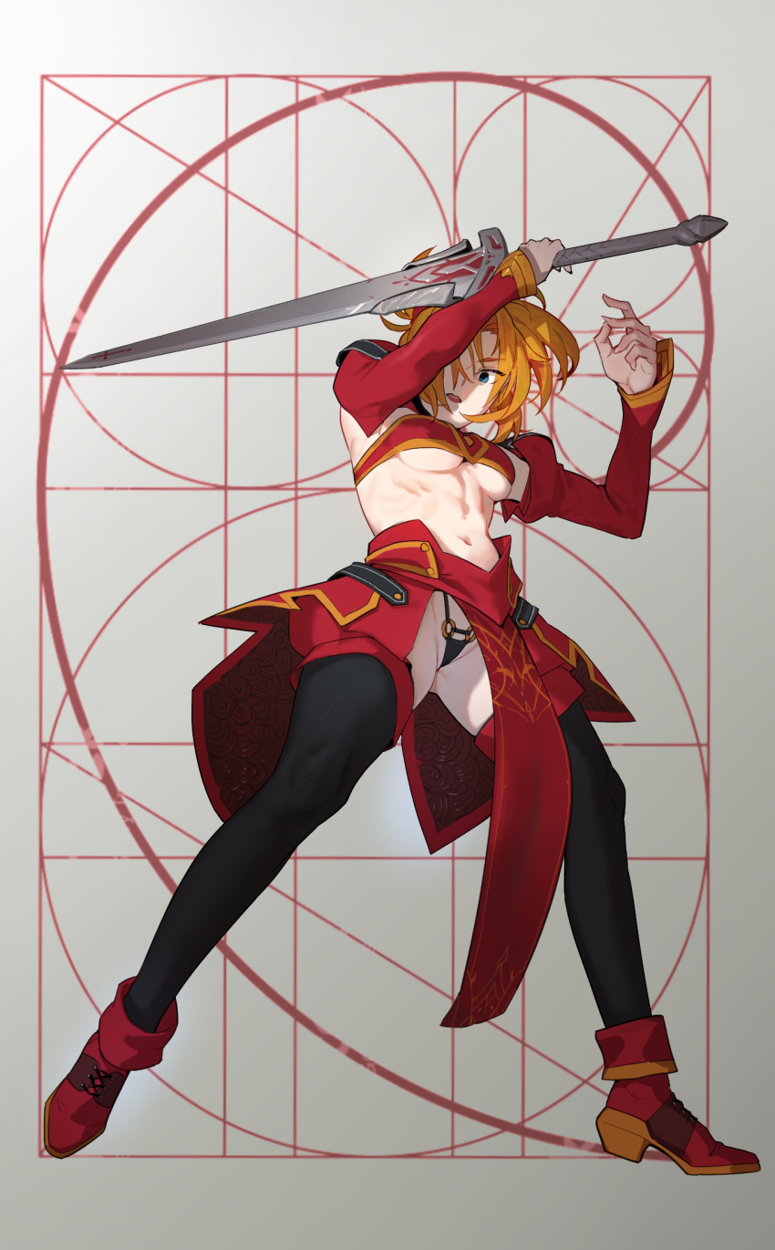 1girl black_legwear black_panties blonde_hair blue_eyes clarent_(fate) detached_sleeves fate/grand_order fate_(series) full_body golden_spiral highres holding holding_sword holding_weapon hong_doo juliet_sleeves long_sleeves looking_at_viewer mordred_(fate) mordred_(fate)_(all) navel open_mouth panties puffy_sleeves simple_background solo standing sword thigh-highs toned underwear weapon